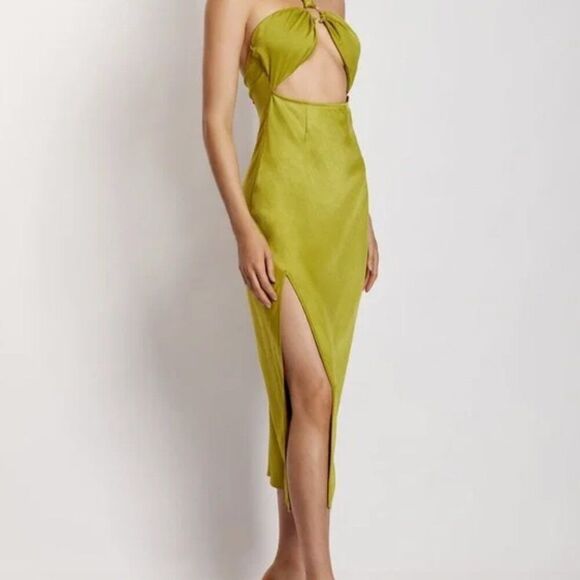 MESHKI (NWT) Harriet Satin Midi High Split Dress, Biscuit, Size L - Picture 15 of 15